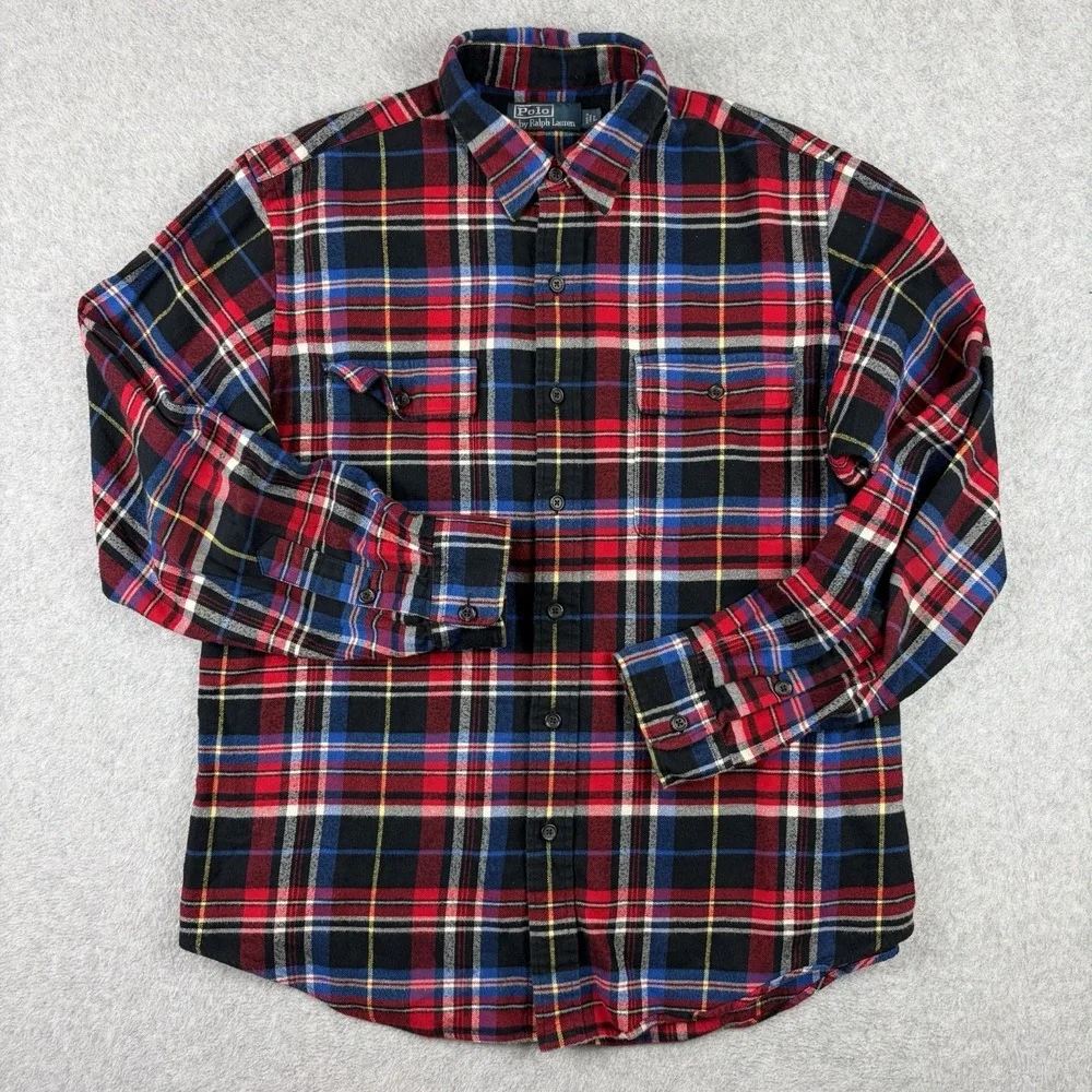 Polo Ralph Lauren Flannel Shirt Mens Large Red Blue Black Tartan Plaid Button Up